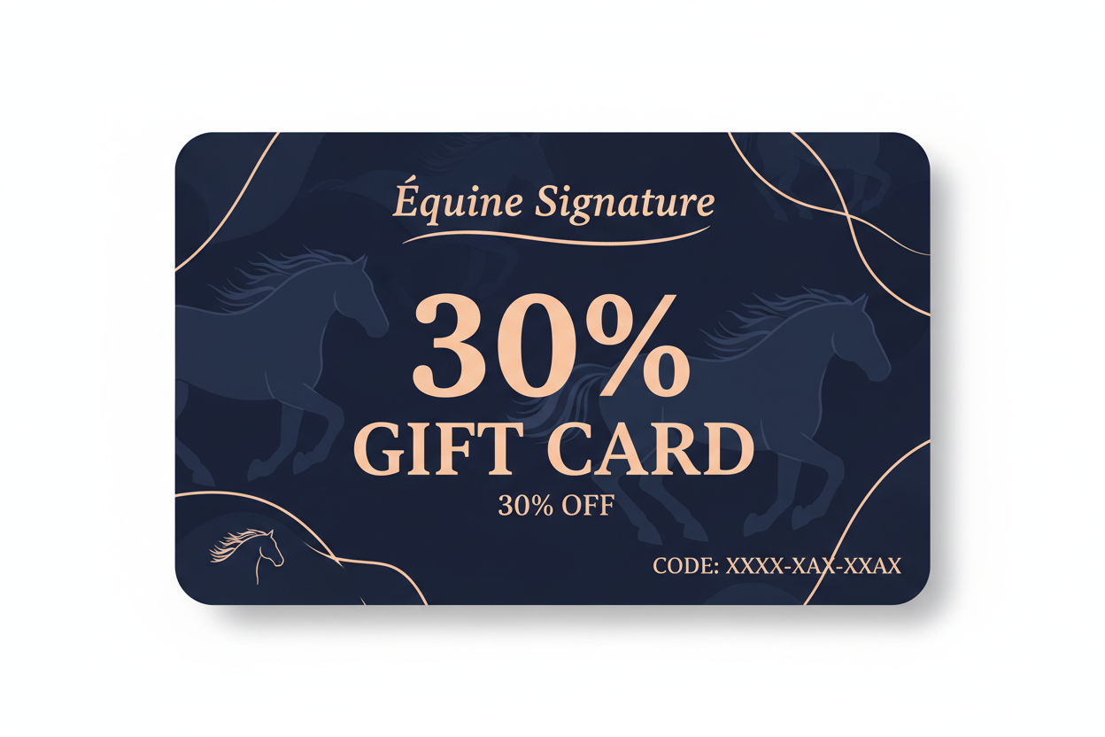 Equine Signature 30% gift card, color dark blue and peach combination,
2f3147 color dark blue code, fb9274 color peach code